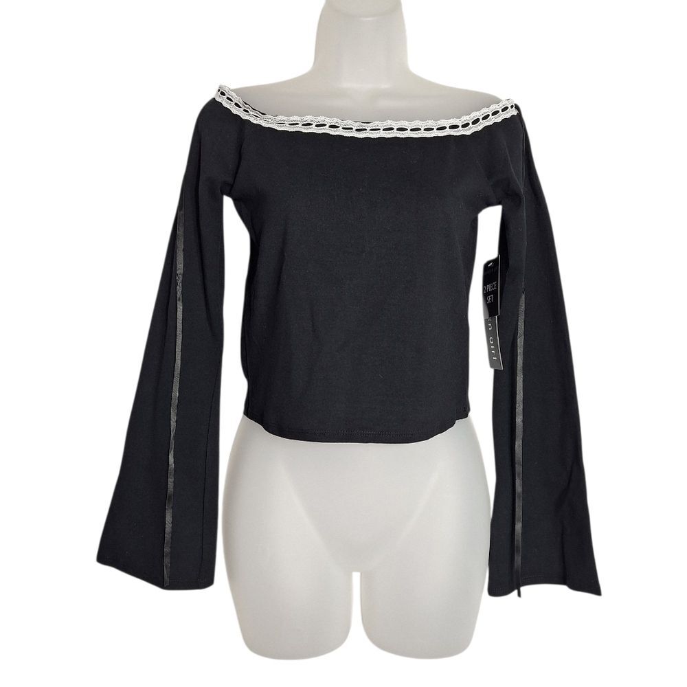 Madden Girl Black Crop Top Long Sleeve Flare Cuff Large Junior